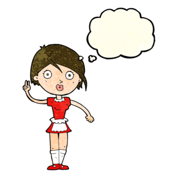 caricatura, camarera, elaboración, mano, gesto, con, pensamiento, burbuja png