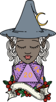 Retro Tattoo Style elf mage character with natural twenty dice roll png