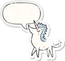 cartoon unicorn with speech bubble distressed distressed old sticker png