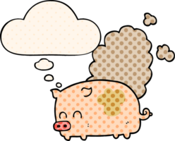 cartoon smelly pig with thought bubble in comic book style png