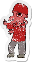 retro distressed sticker of a cartoon alien man png