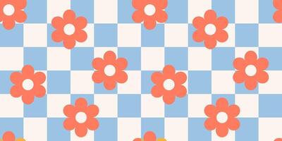Y2K background, retro abstract flowers on chessboard. Aesthetics of the 90s, style of the 2000s vector