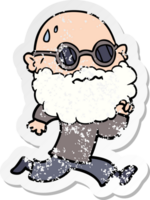 distressed sticker of a cartoon running man with beard and sunglasses sweating png