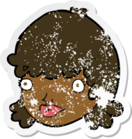 retro distressed sticker of a cartoon female face with surprised expression png