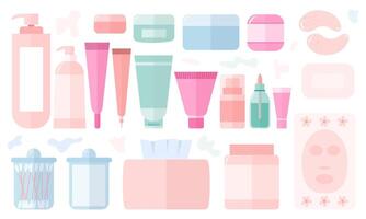 conjunto de protección de la piel productos orgánico productos cosméticos plano estilo. conjunto de belleza productos cosmético tubos, frascos y botellas vector