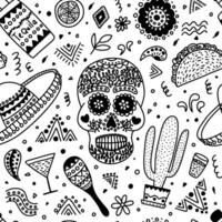 Mexican doodle seamless pattern. Hand drawn painted skull and Mexican sombrero and fiesta elements pattern vector