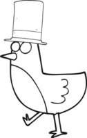 hand drawn black and white cartoon bird wearing hat png