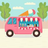 ice cream truck in summer landscape flat style illustration. Ice cream truck street mobile shop cafe. vector