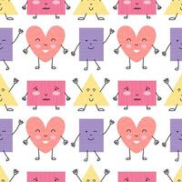 Cute shapes characters flat style seamless pattern. Heart, triangle and rectangle shapes with eyes and mouth pattern vector