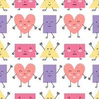 Cute shapes characters flat style seamless pattern. Heart, triangle and rectangle shapes with eyes and mouth pattern vector