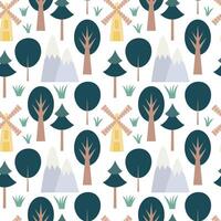 Trees and mill flat style seamless pattern vector