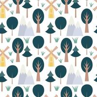 Trees and mill flat style seamless pattern vector