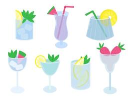 set of tropical cocktails flat style. Summer alcoholic beach party drinks set. Mojito, strawberry margarita, daiquiri and pina colada vector