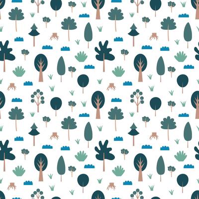 forest seamless pattern. Flat style trees and clouds seamless pattern