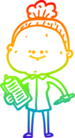 rainbow gradient line drawing of a cartoon happy old woman png