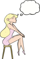 caricatura, mujer se sentar, en, taburete, con, burbuja del pensamiento png