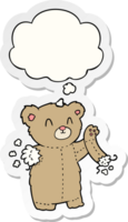 cartoon teddy bear with torn arm with thought bubble as a printed sticker png