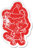 quirky cartoon distressed sticker of a cat singing wearing santa hat png