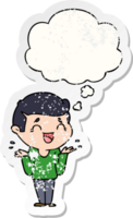 dessin animé en riant confus homme avec pensée bulle comme une affligé usé autocollant png