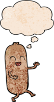 cartoon dancing sausage with thought bubble in grunge texture style png