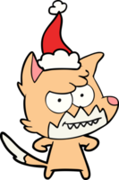 hand drawn line drawing of a grinning fox wearing santa hat png