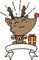 scroll banner with tattoo style christmas reindeer with present png