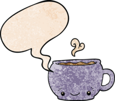 cartoon hot cup of coffee with speech bubble in retro texture style png