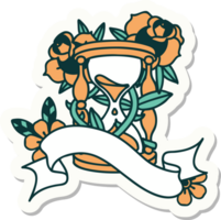 tatuaggio stile etichetta con bandiera di un ora bicchiere e fiori png