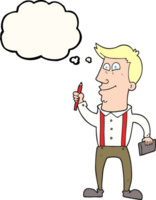 hand drawn thought bubble cartoon man with notebook and pen png