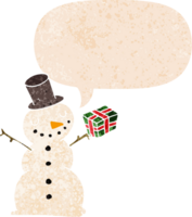 cartoon snowman with speech bubble in grunge distressed retro textured style png