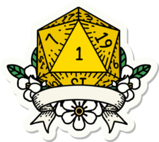 sticker of a natural one d20 dice roll png