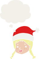cartoon girl wearing christmas hat with thought bubble in retro style png