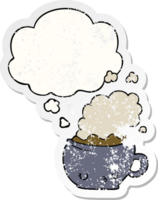 cute cartoon coffee cup with thought bubble as a distressed worn sticker png