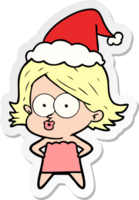 main tiré autocollant dessin animé de une fille faire la moue portant Père Noël chapeau png