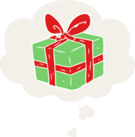 cartoon wrapped gift with thought bubble in retro style png