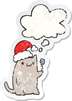 cute cartoon christmas cat with thought bubble as a distressed worn sticker png