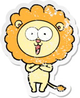 distressed sticker of a happy cartoon lion png