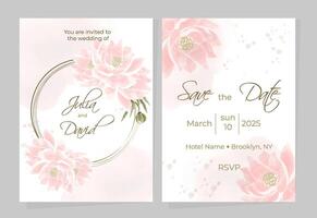 Delicate watercolor universal card templates. Wedding or holiday designs with gold line border and lotus flowers. postcard design with wreath of pink flowers. vector