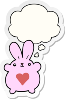 schattig tekenfilm konijn met liefde hart met gedachte bubbel net zo een gedrukt sticker png
