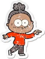 distressed sticker of a cartoon happy old woman png