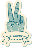 grunge sticker of a peace two finger hand gesture with banner png