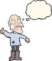 cartoon angry old man in patched clothing with thought bubble png