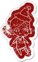 excentrique dessin animé affligé autocollant de une amical fille portant Père Noël chapeau png