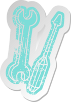 distressed old cartoon sticker of a spanner and a screwdriver png