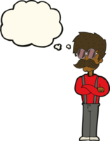 dessin animé hipster homme avec moustache et lunettes avec bulle de pensée png