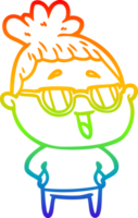 rainbow gradient line drawing of a cartoon happy woman wearing spectacles png
