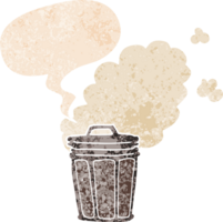 cartoon stinky garbage can with speech bubble in grunge distressed retro textured style png