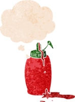 dibujos animados salsa de tomate botella con pensamiento burbuja en grunge afligido retro texturizado estilo png