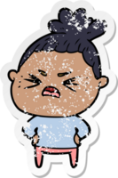 distressed sticker of a cartoon angry woman png