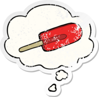 cartoon ice lolly with thought bubble as a distressed worn sticker png